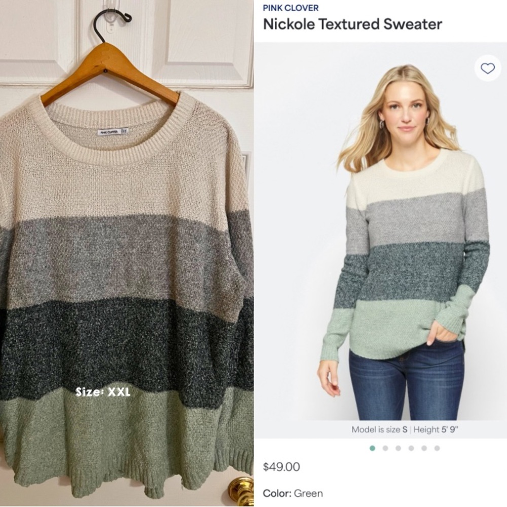 Pink Clover Colorblock Sweater - Green, Gray, Cream